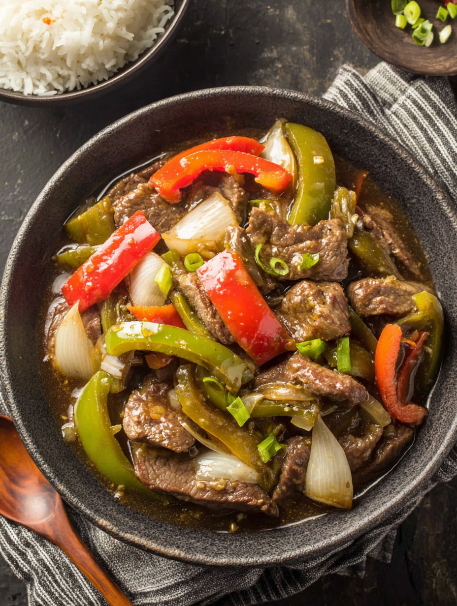 A bowl of beef and peppers.