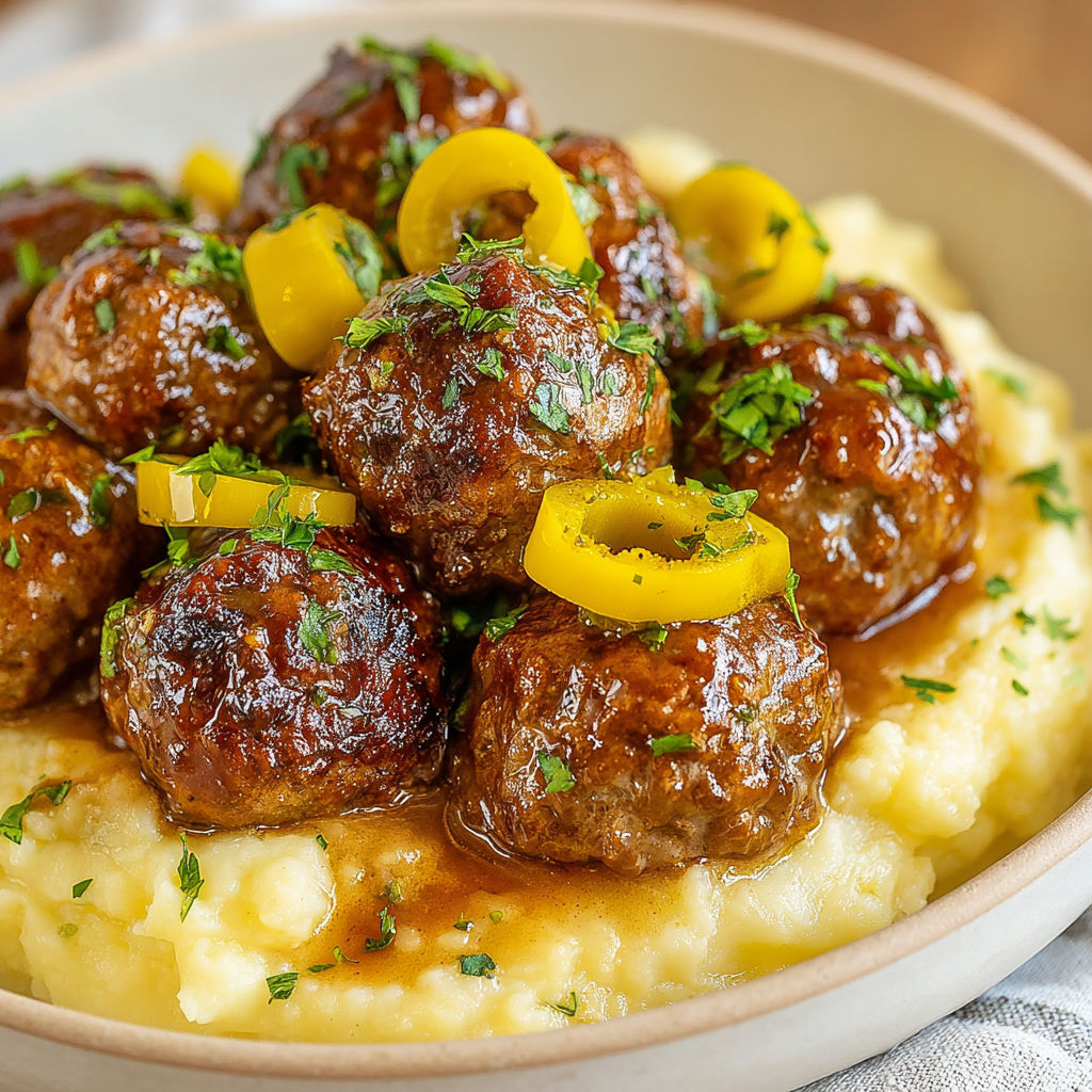 A plate of meatballs with a yellow pepper on top.