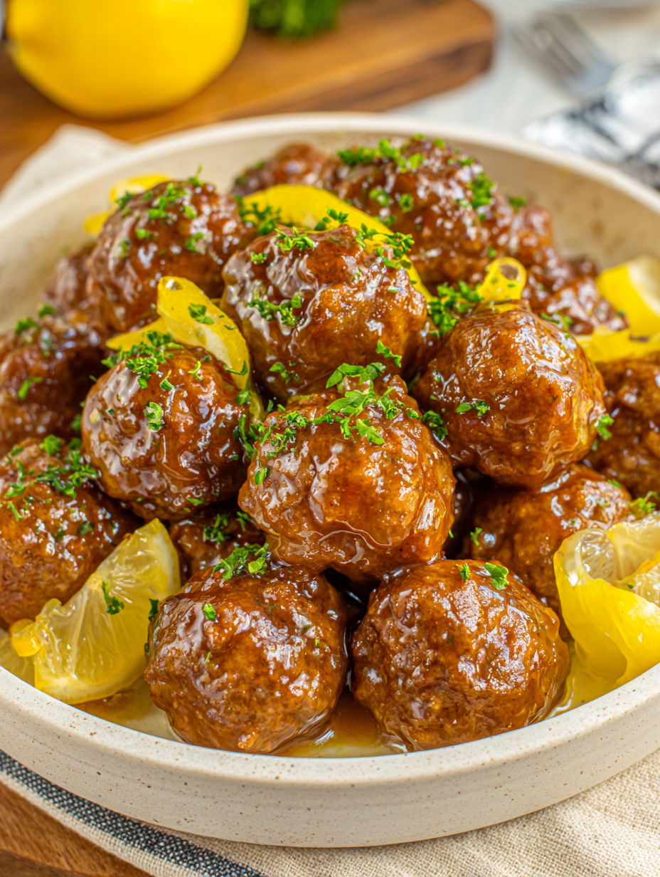 A bowl of meatballs with lemon wedges on top.