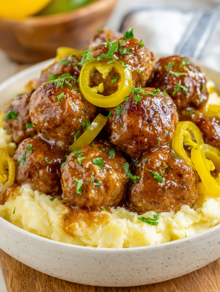 A bowl of meatballs with peppers and onions.