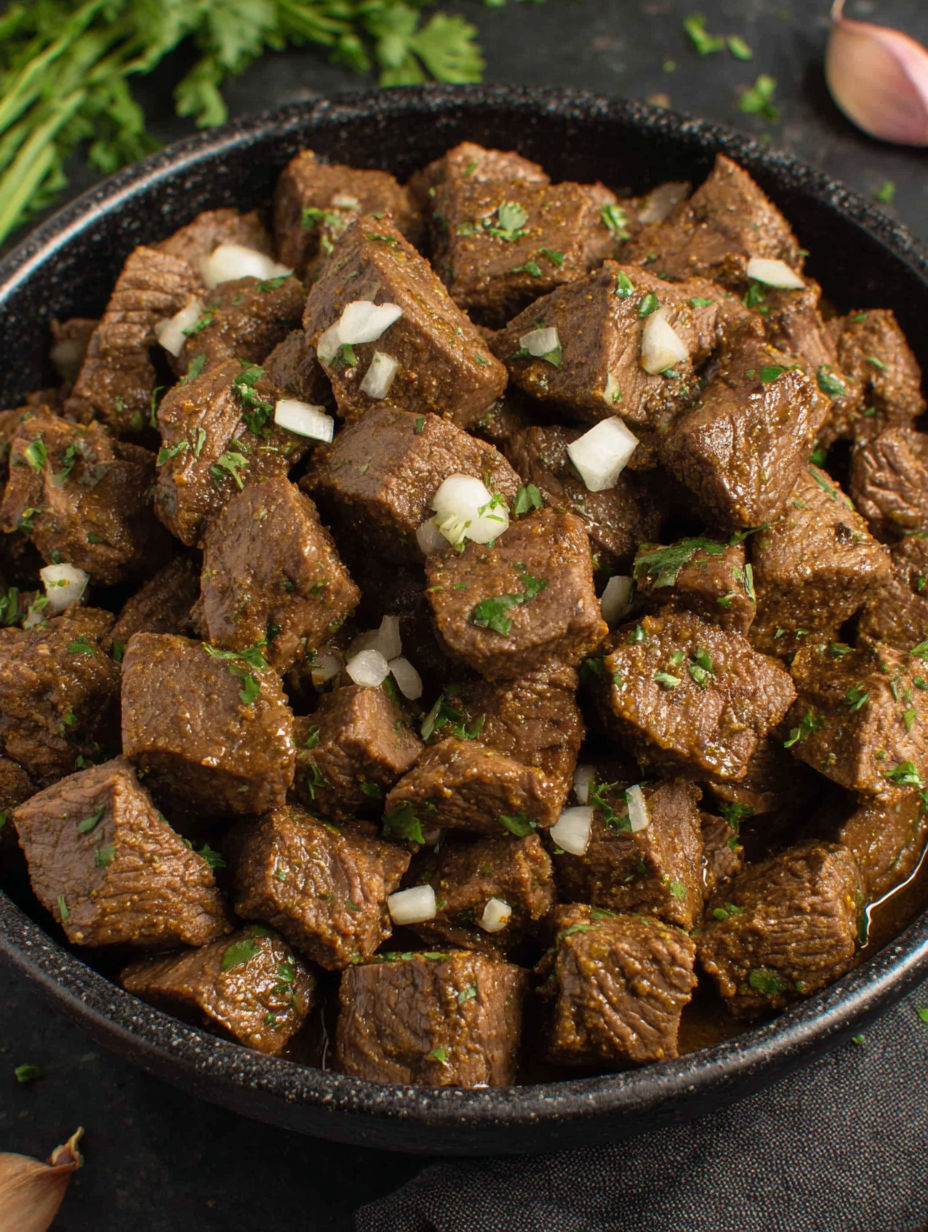 A bowl of beef with onions and green peppers.