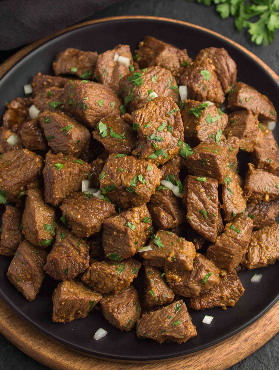 A plate of beef with onions and green peppers.