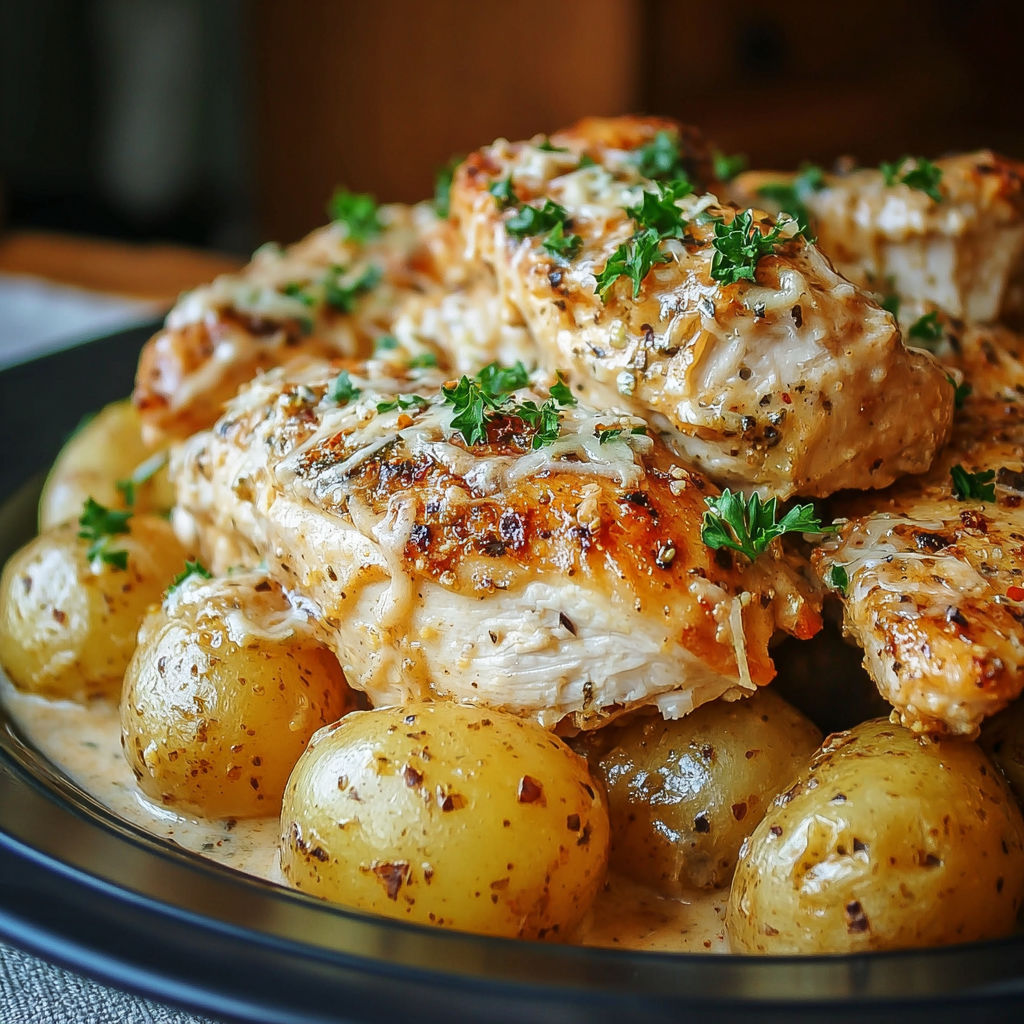 A plate of chicken and potatoes with a garlic and Parmesan sauce.