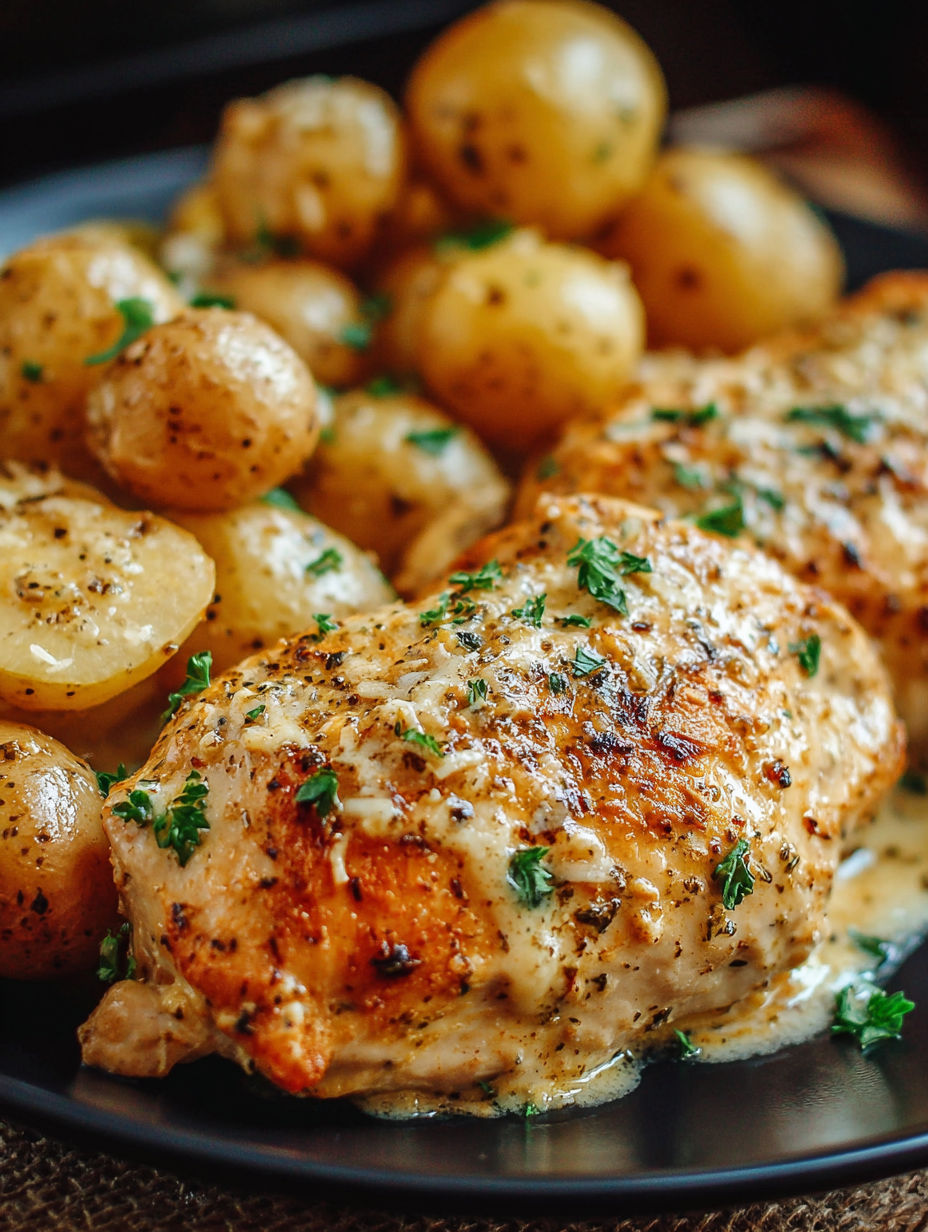 A plate of chicken and potatoes with a crockpot garlic parmesan sauce.