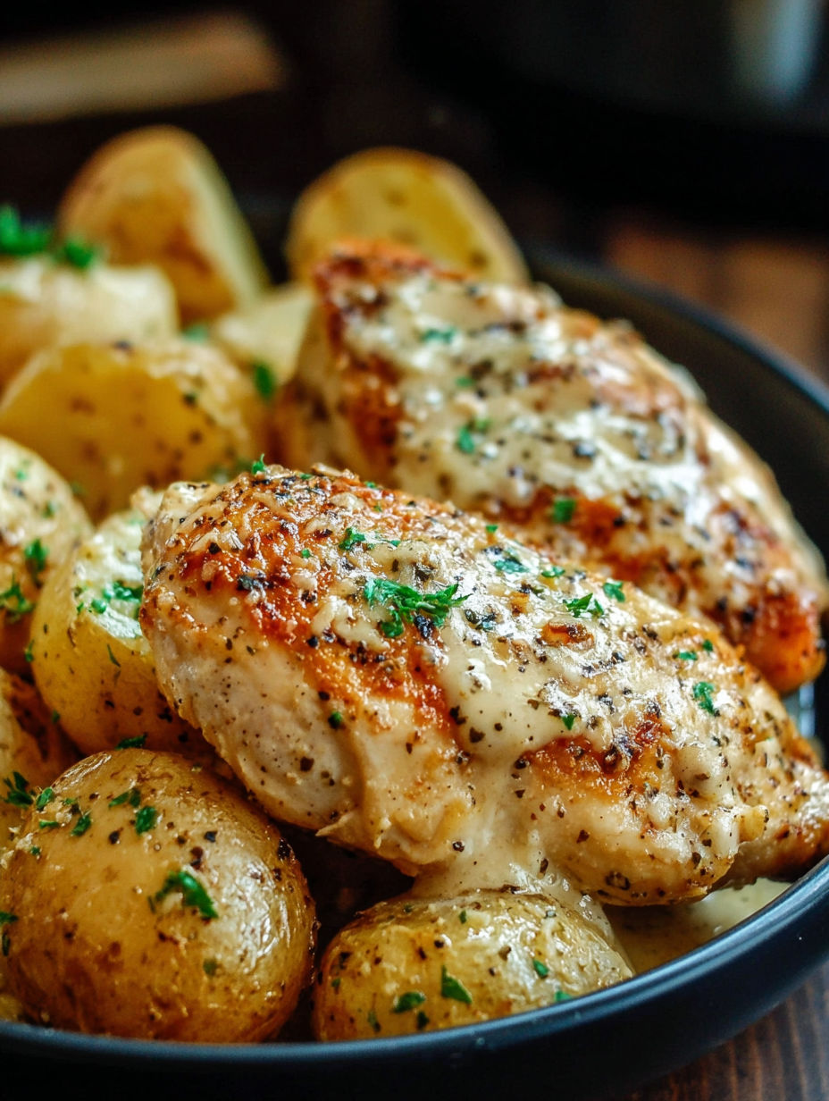 A bowl of chicken and potatoes with a garlic and Parmesan sauce.