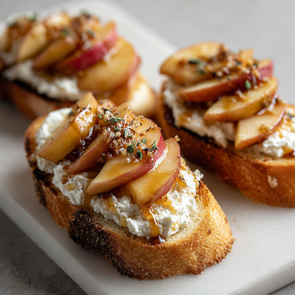 A plate of crostini with apples and ricotta cheese.