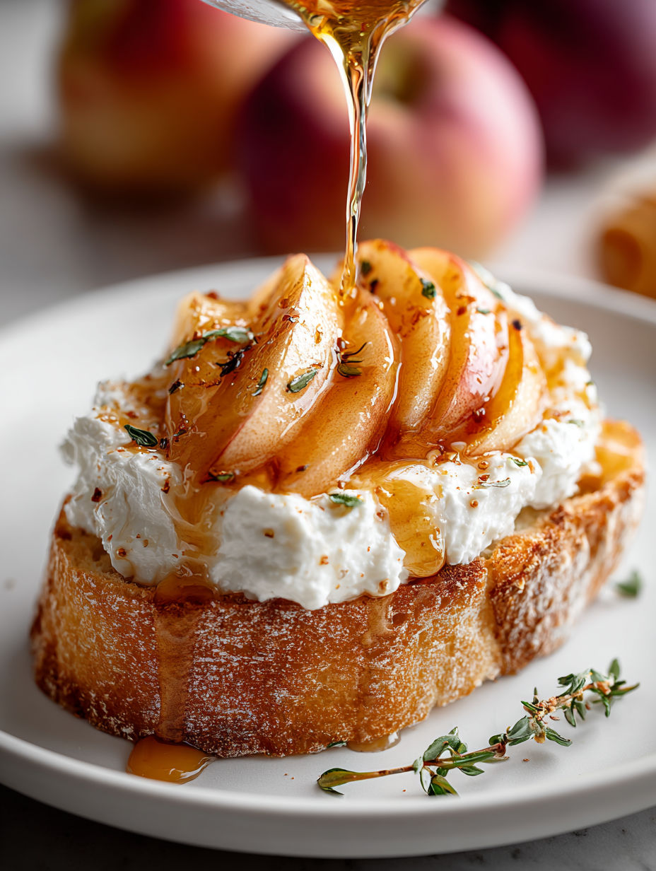 A slice of bread with a caramelized apple on top.