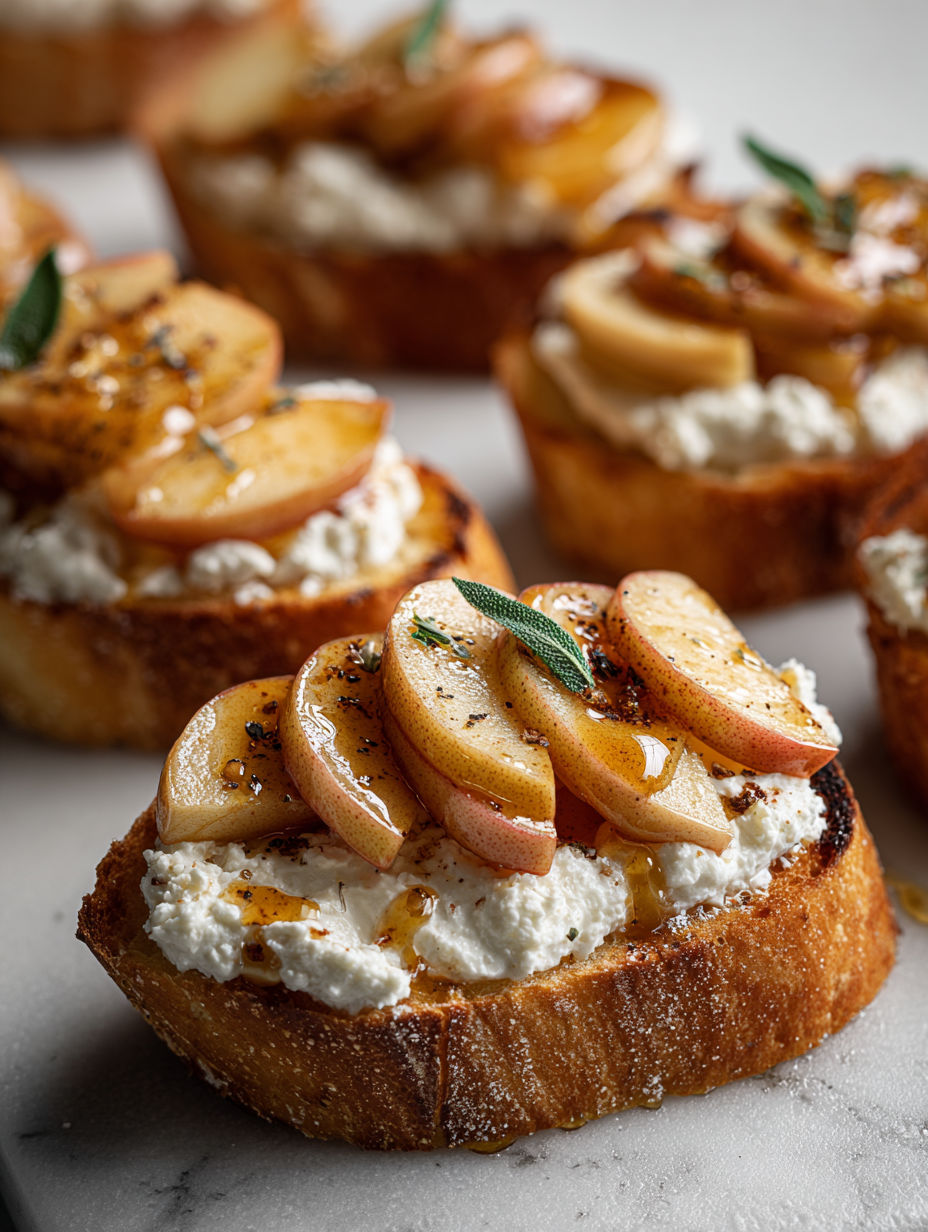 A crostini with a caramelized apple and ricotta cheese topping.