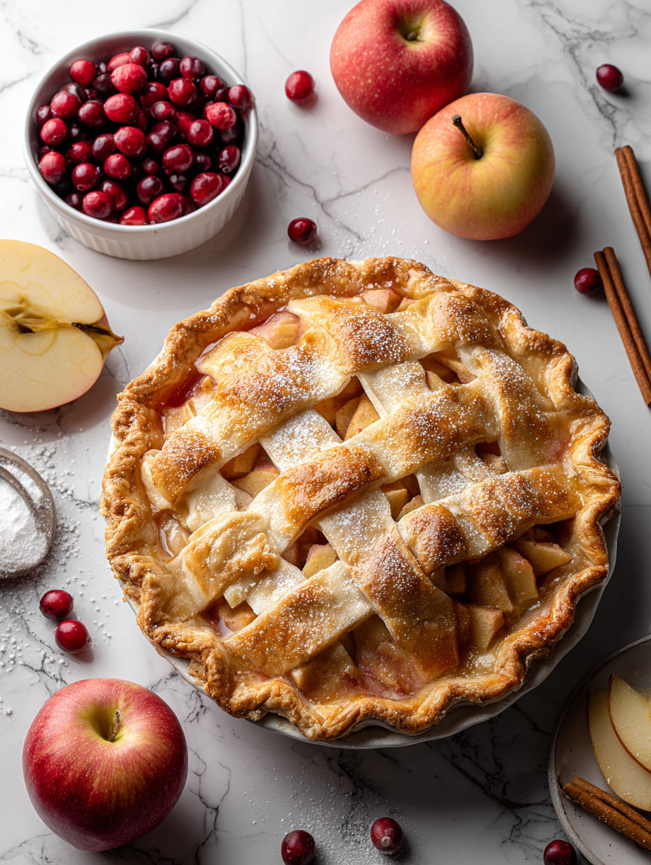 A pie with a crumb topping and a slice of apple on top.