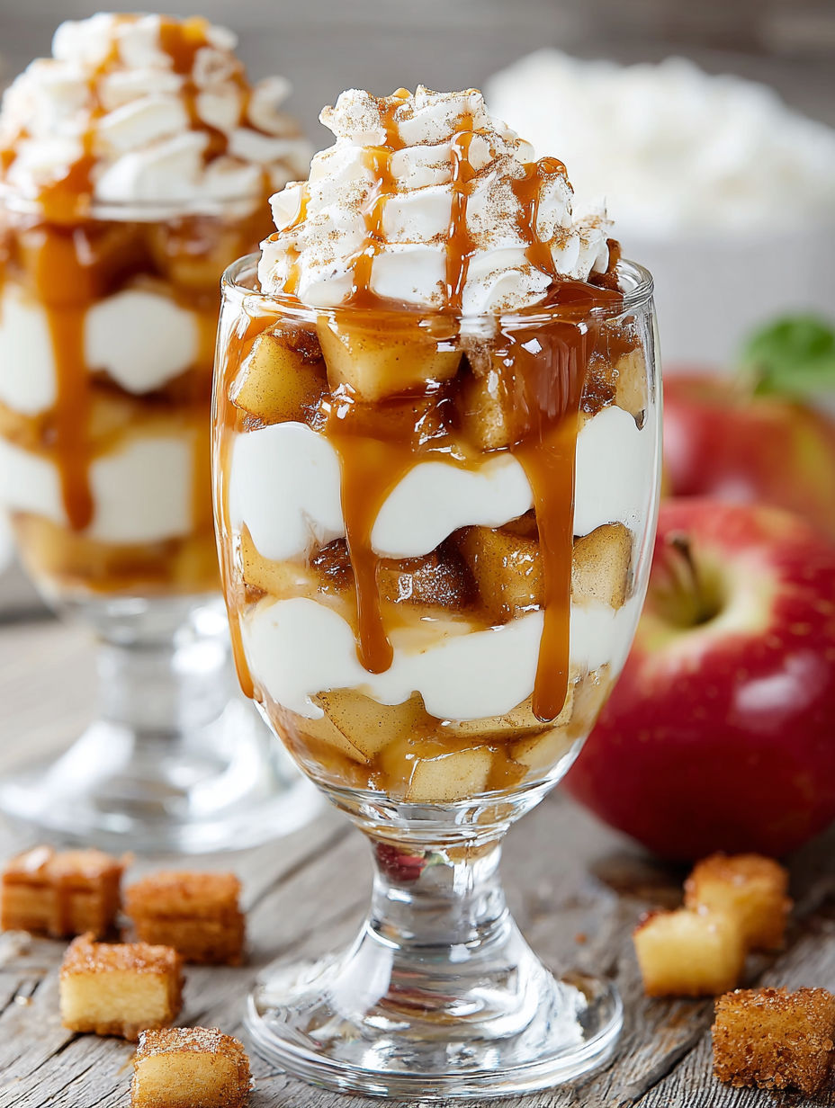 A glass of caramel apple trifle.