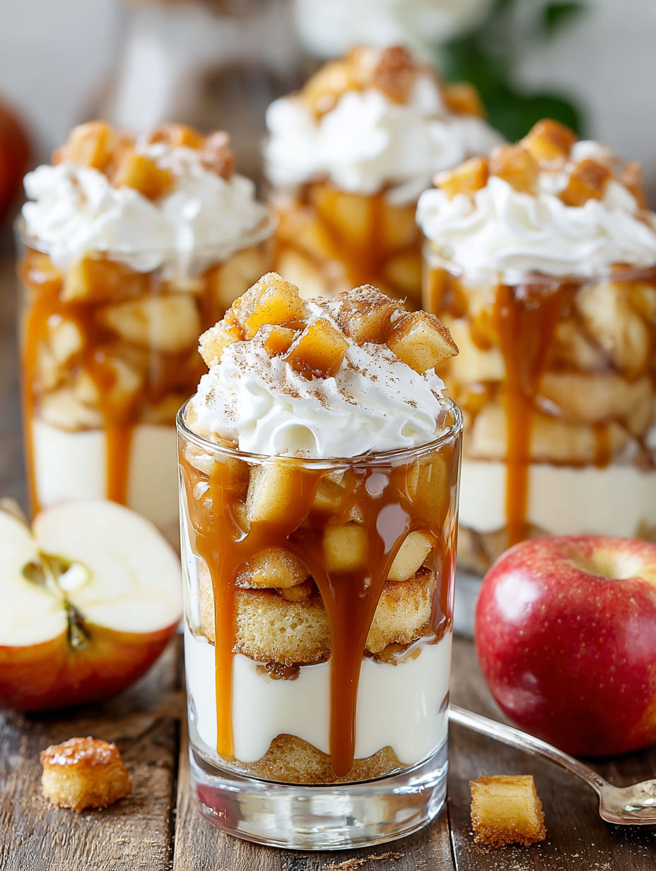 Caramel apple trifle cups with whipped cream.