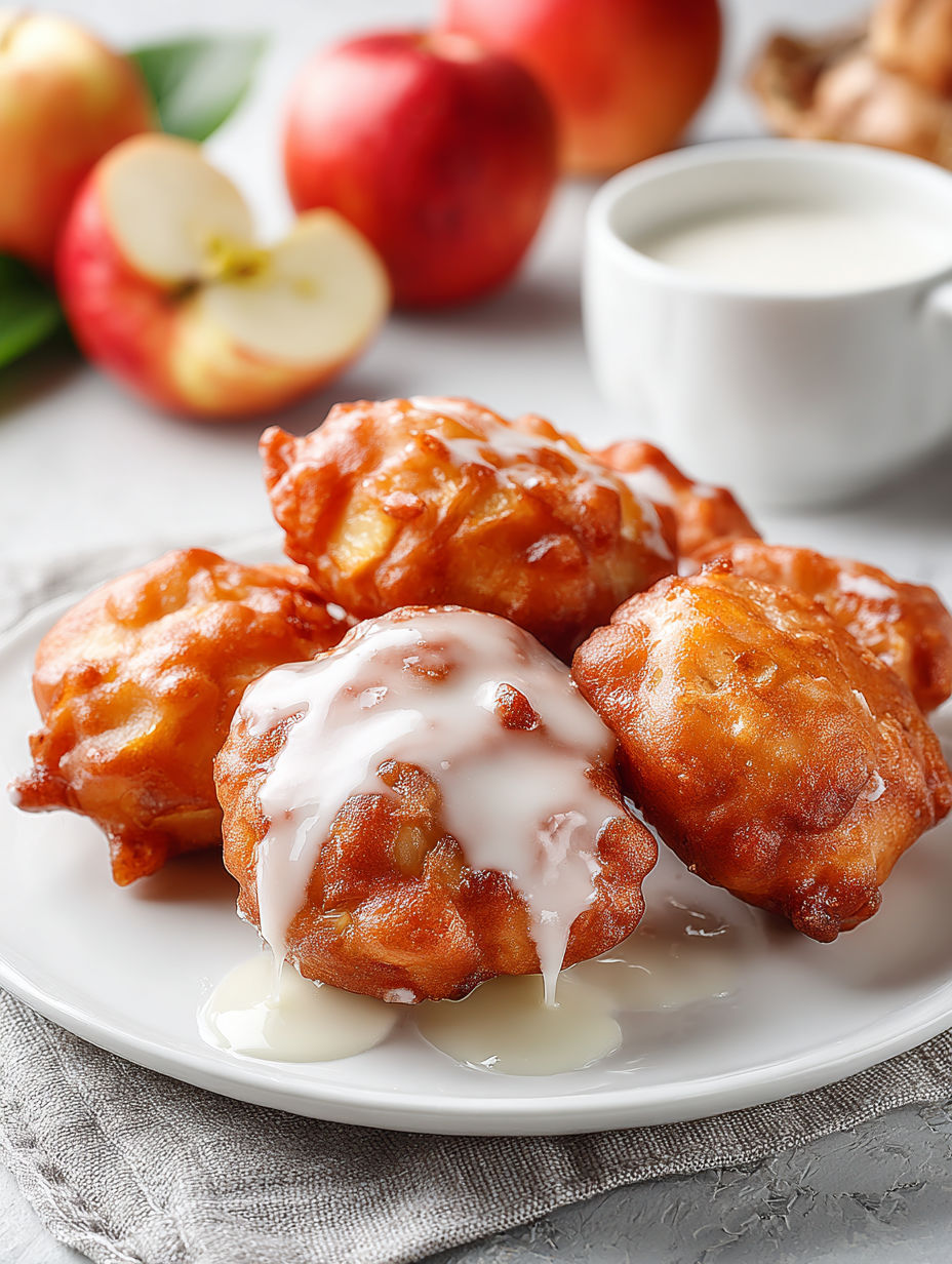 Glazed apple fritters on a plate.