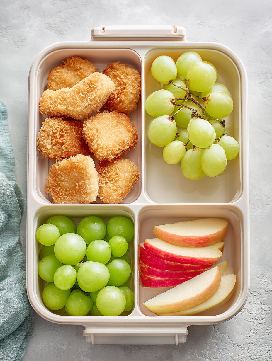 A bento box with chicken nuggets and grapes.