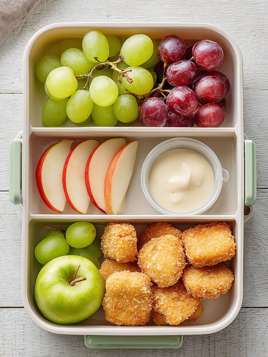 A bento box filled with fruits and chicken nuggets.