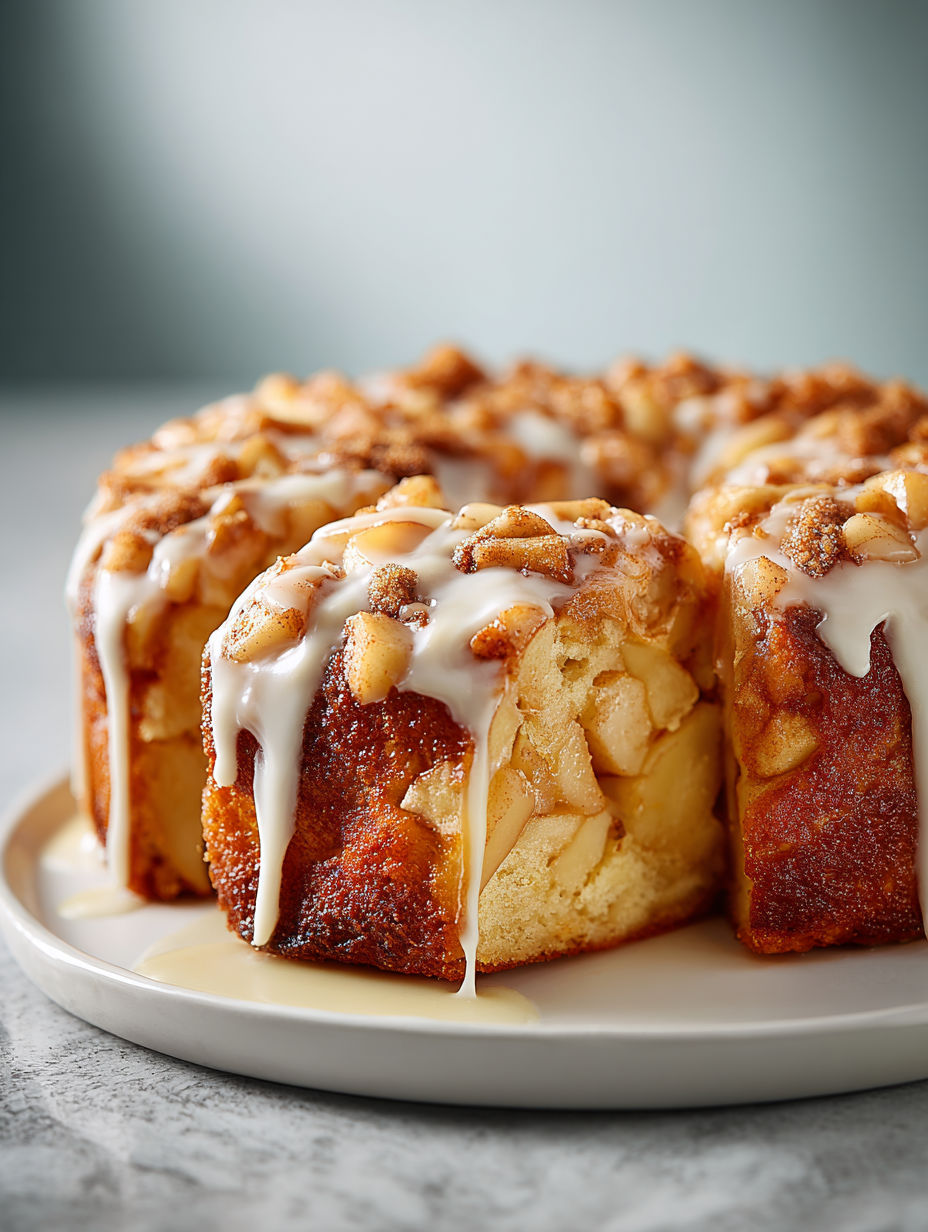 A plate of apple coffee cake with vanilla glaze.