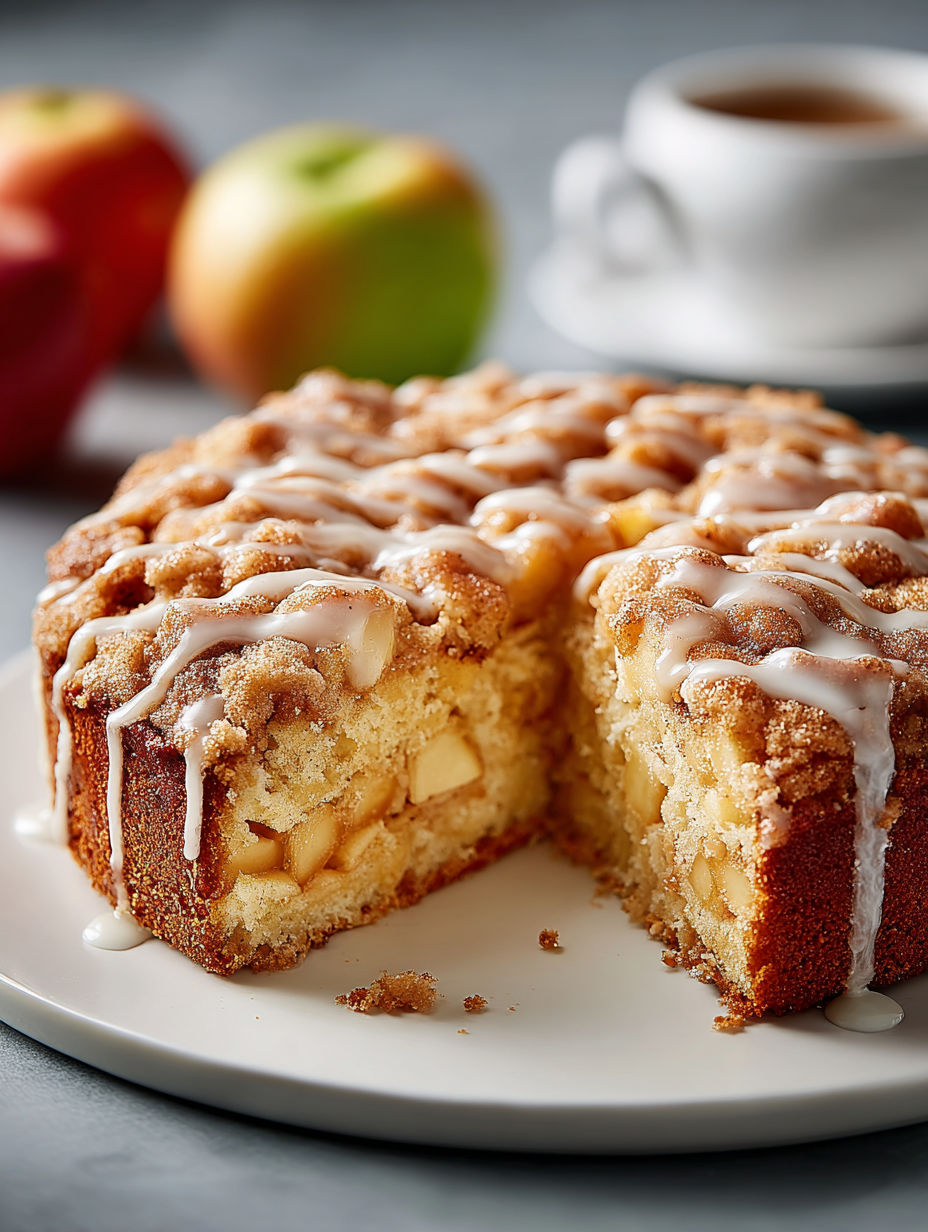 A slice of apple coffee cake with vanilla glaze.