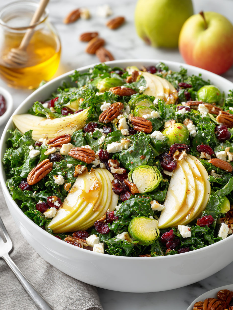 A bowl of salad with apples, pears, and honey dressing.