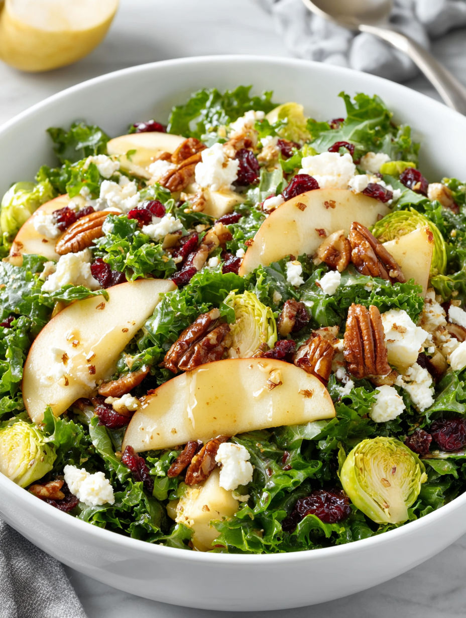 A bowl of salad with apples, pears, and honey dressing.