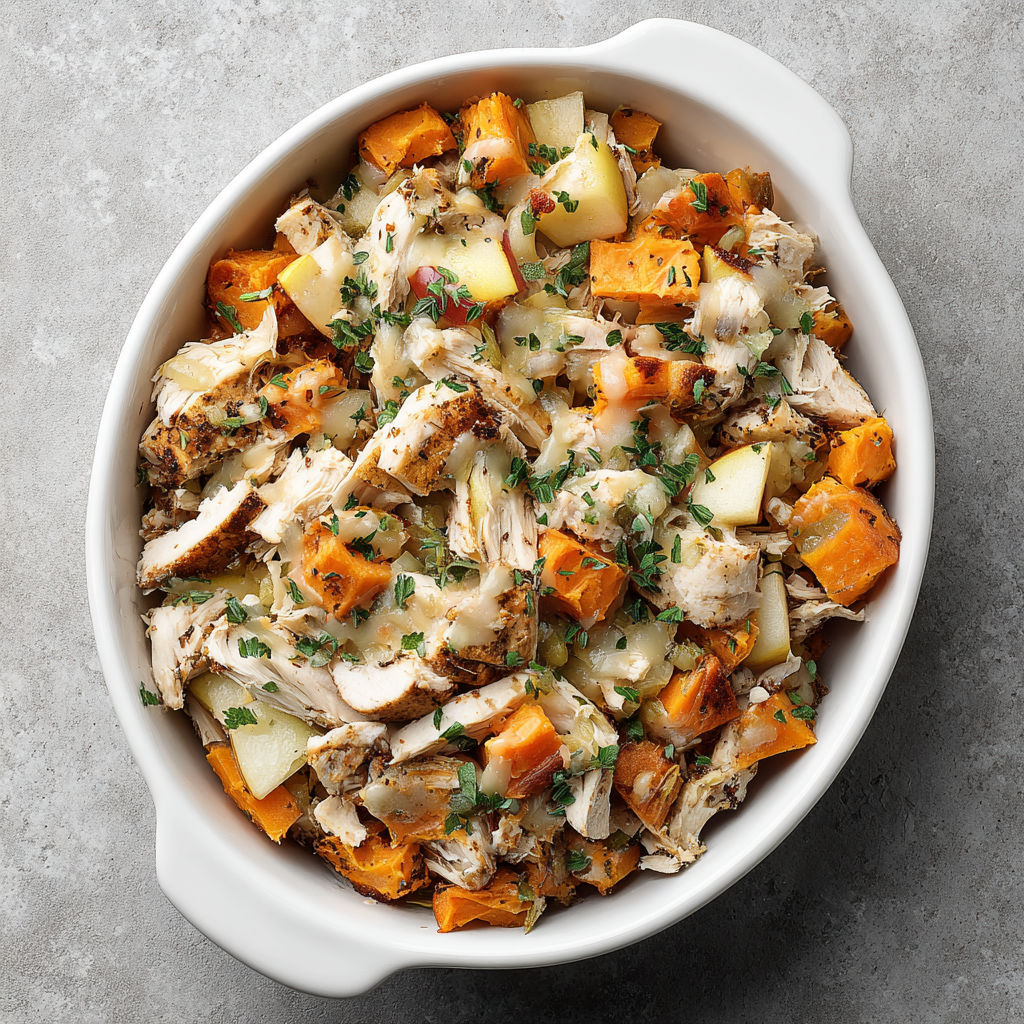 A bowl of leftover turkey, sweet potato and apple casserole.