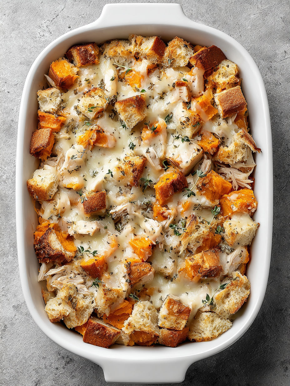 A white bowl filled with a sweet potato and apple casserole.