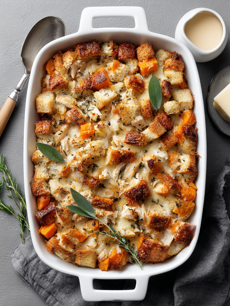 A white bowl filled with a sweet potato and apple casserole.