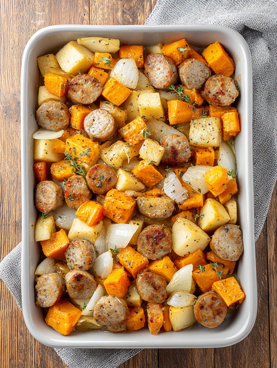 A dish of sausage, sweet potatoes, and apples.