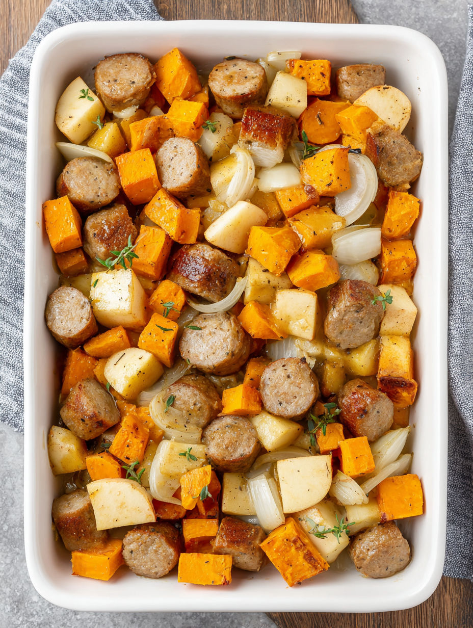 A dish of sausage and vegetables.