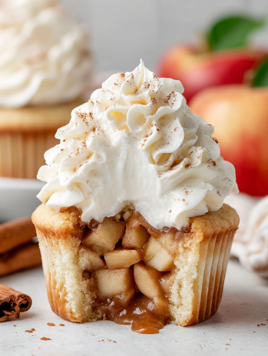 A cupcake with a whipped cream topping and apple slices.