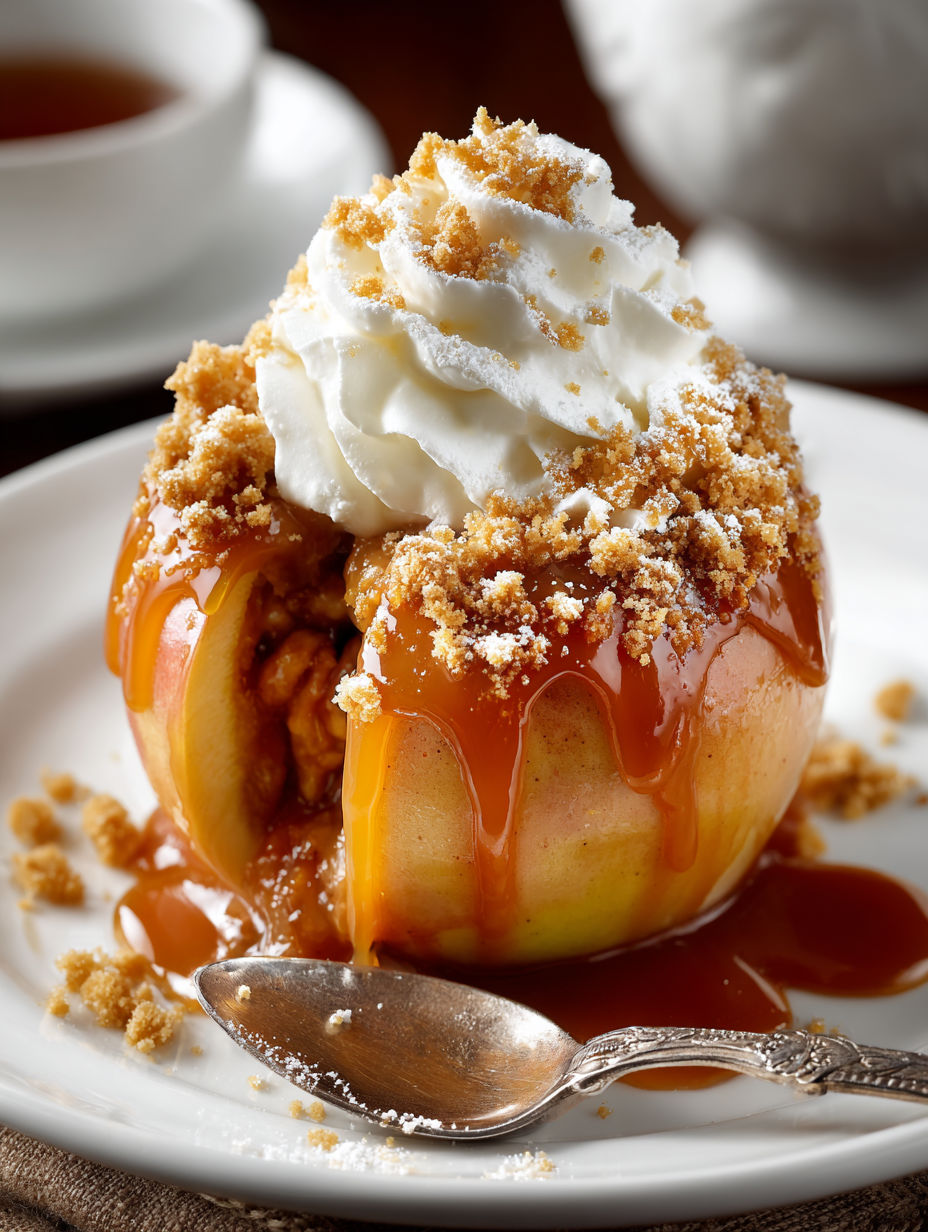 A pumpkin pie stuffed apple with whipped cream.