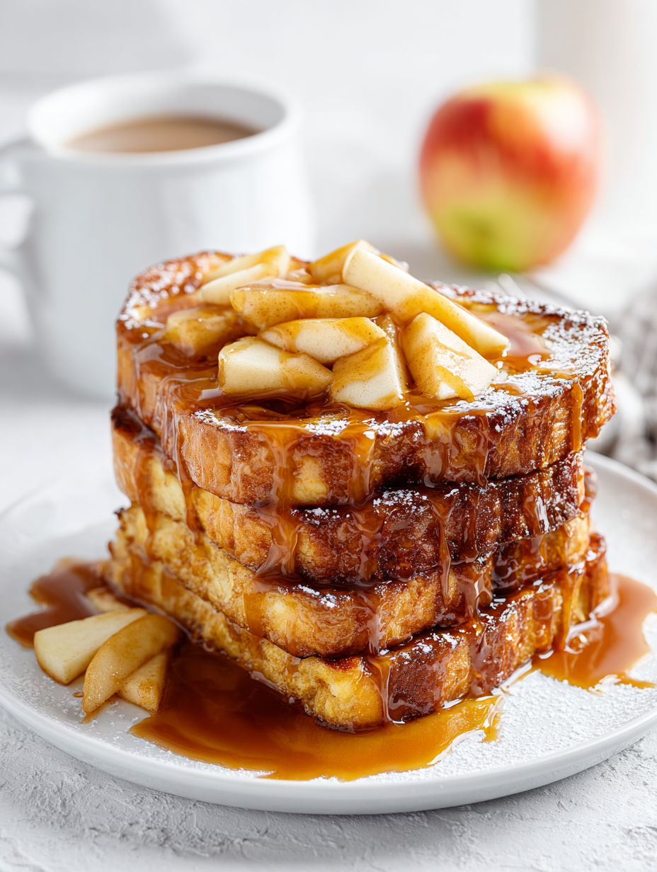A stack of French toast with caramel sauce.