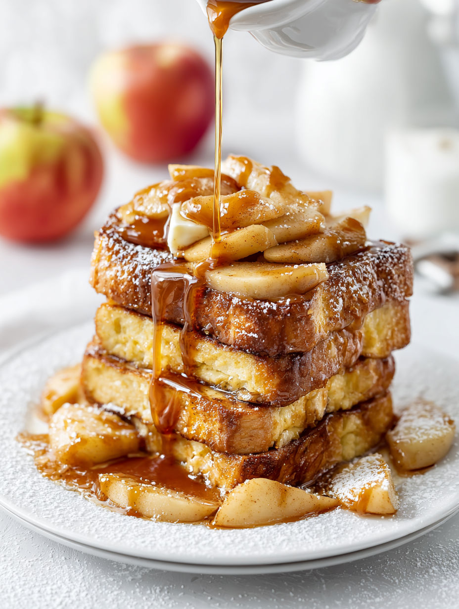A stack of French toast with caramel drizzled on top.
