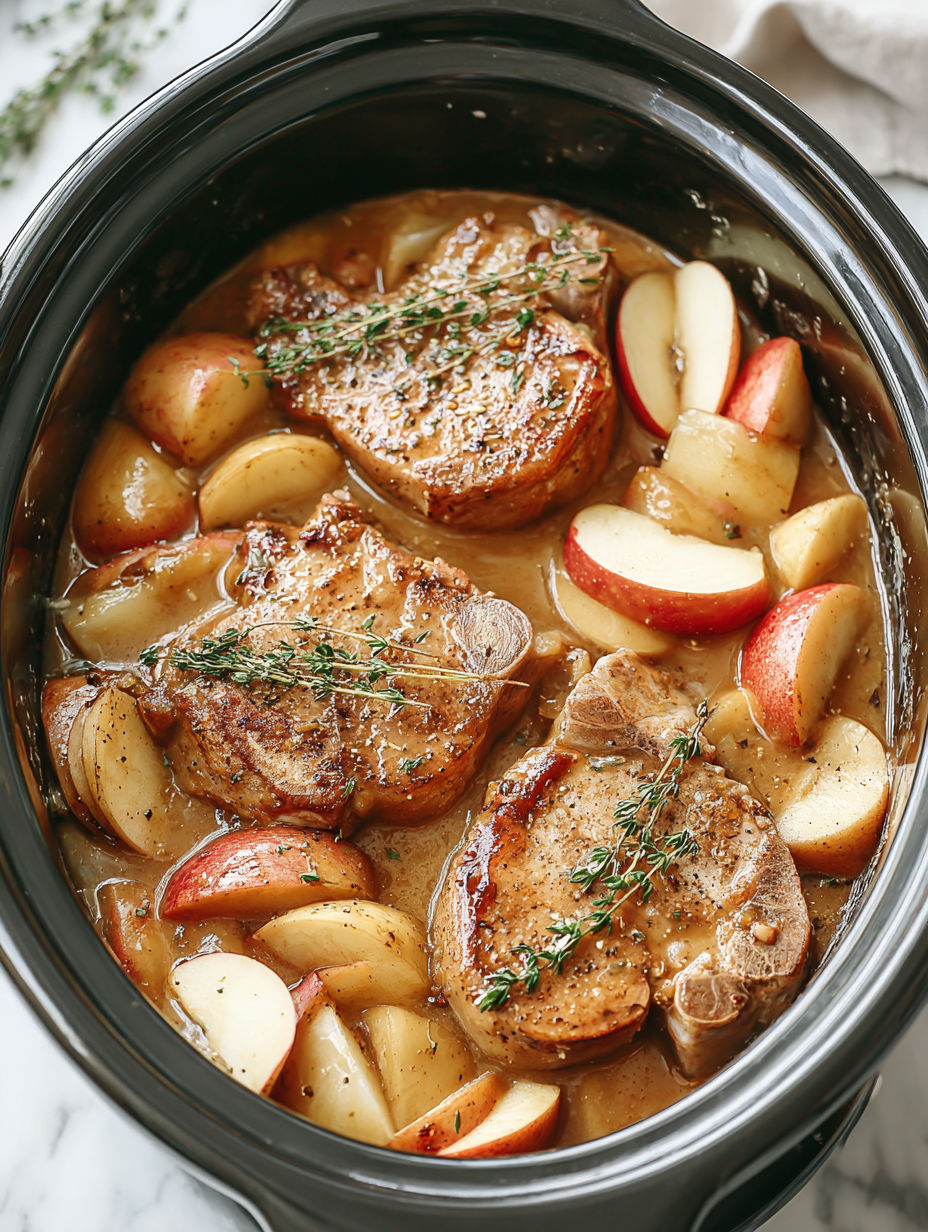 A crockpot full of pork chops and apples.
