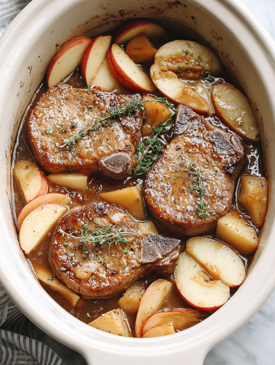 A crockpot filled with pork chops and apples.