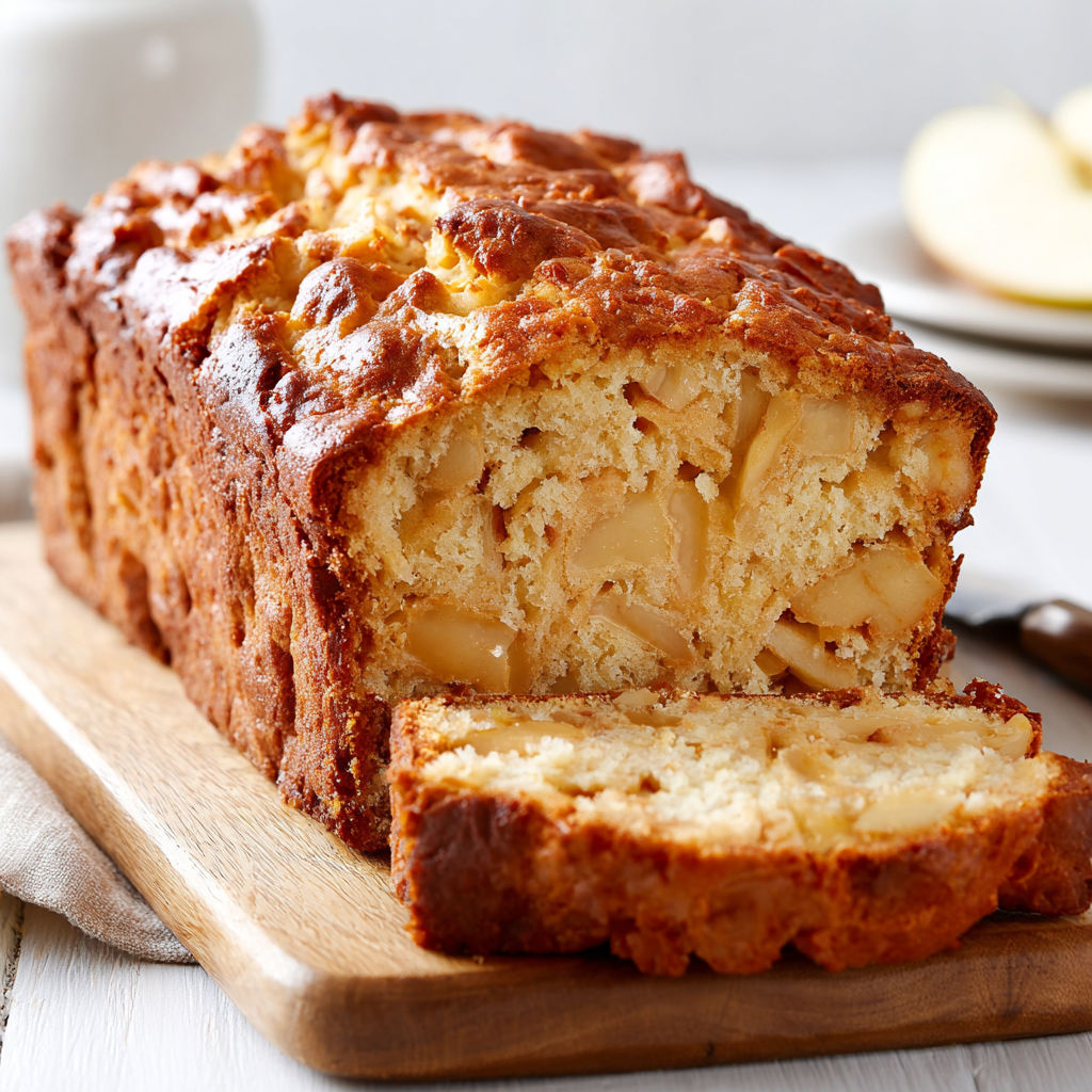 A slice of apple bread on a cutting board.