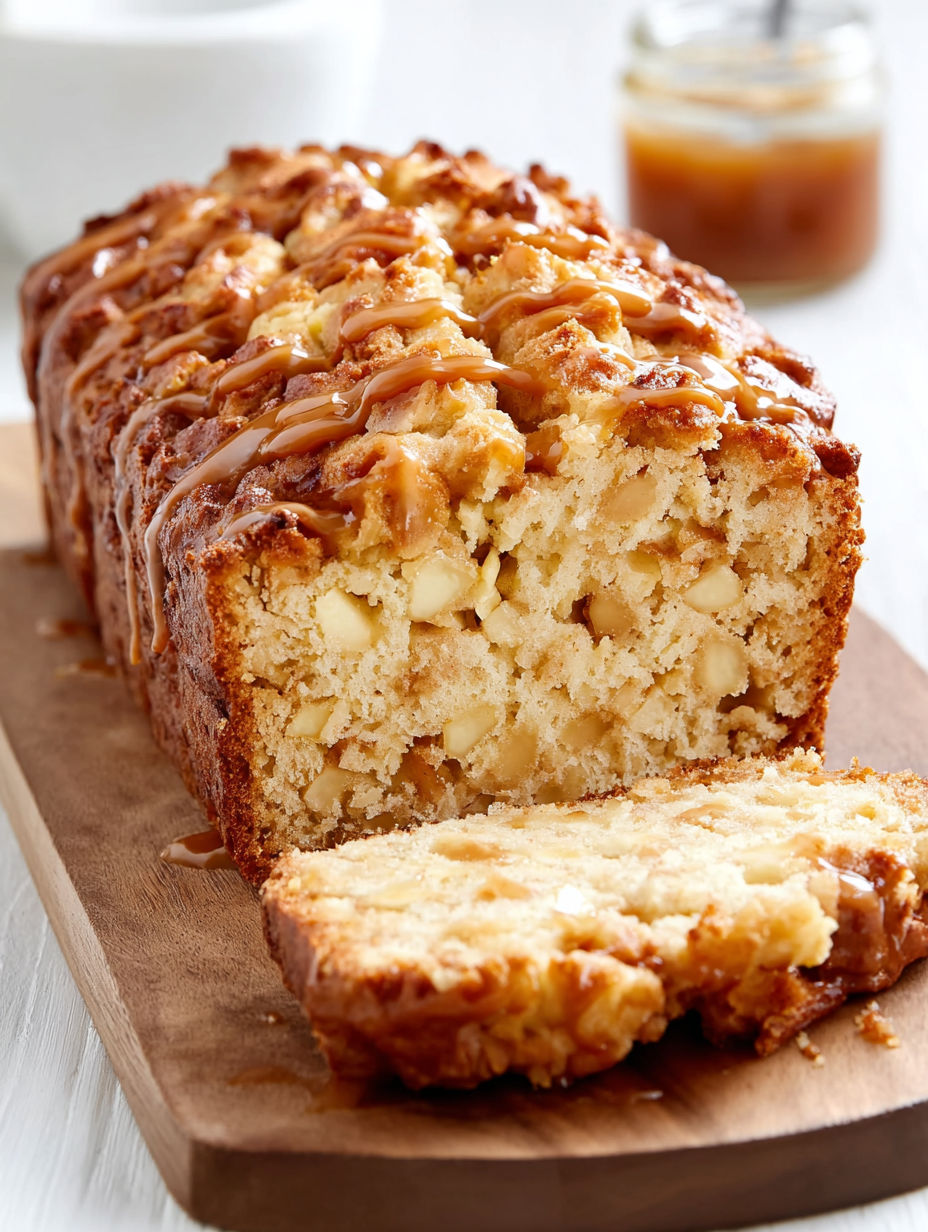 A slice of apple bread on a table.