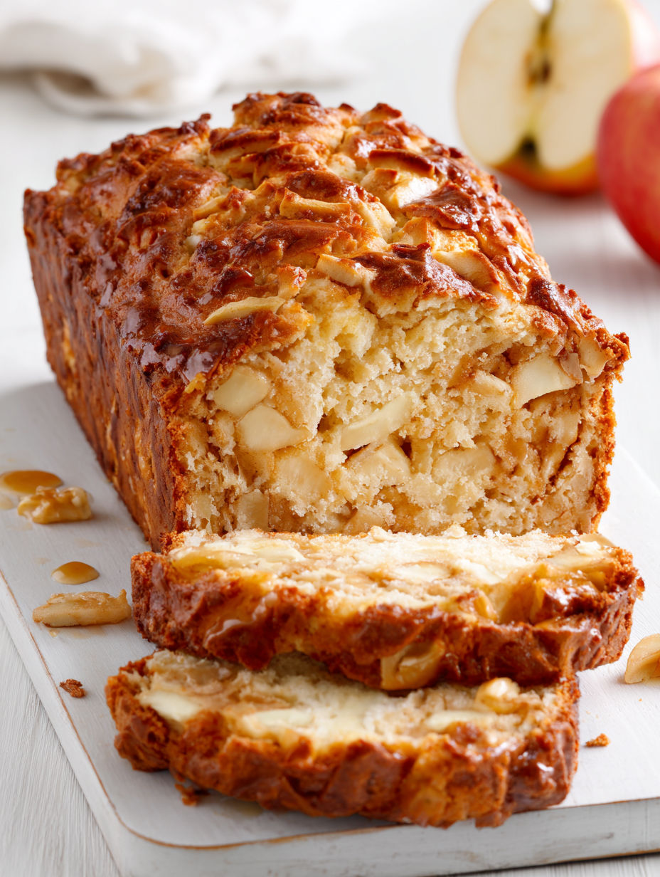 A slice of apple bread on a white plate.