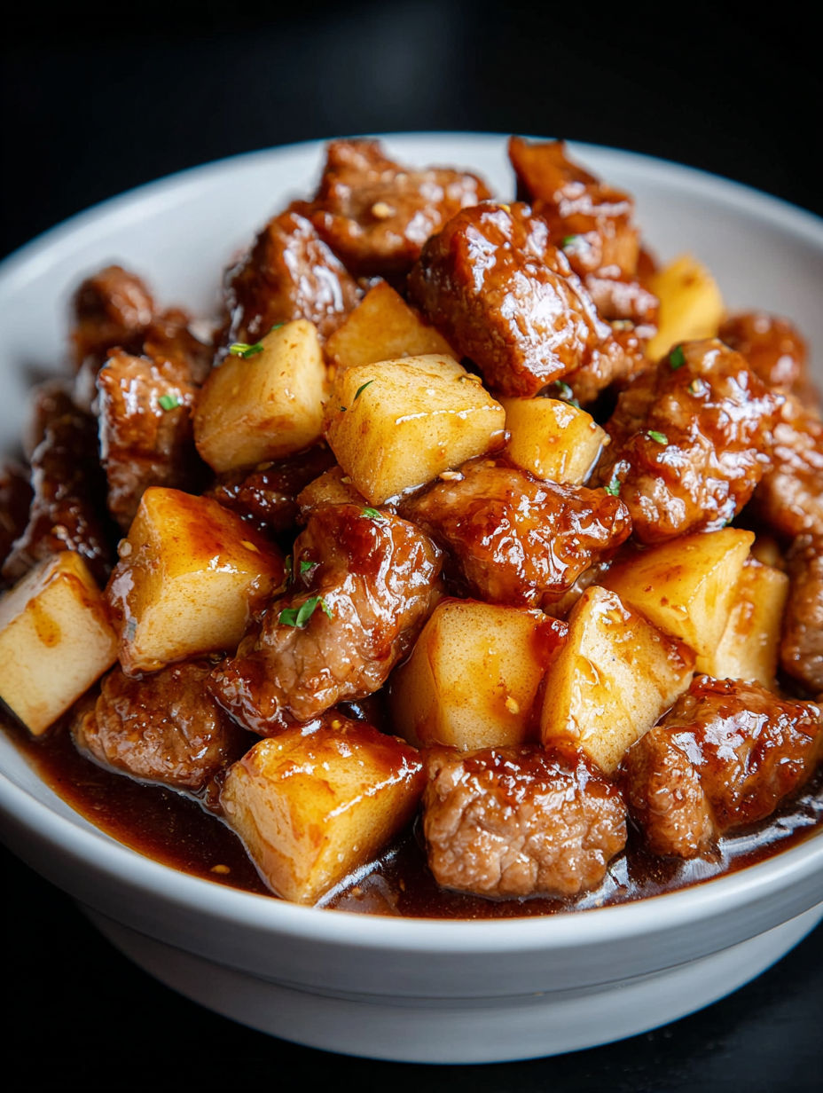 A bowl of meat and apples.