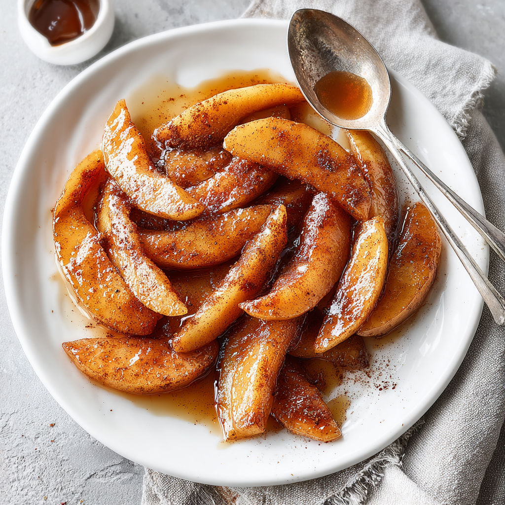 A plate of baked apple slices with cinnamon and sugar.
