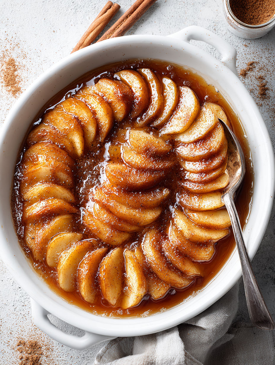 A bowl of baked apple slices with cinnamon.