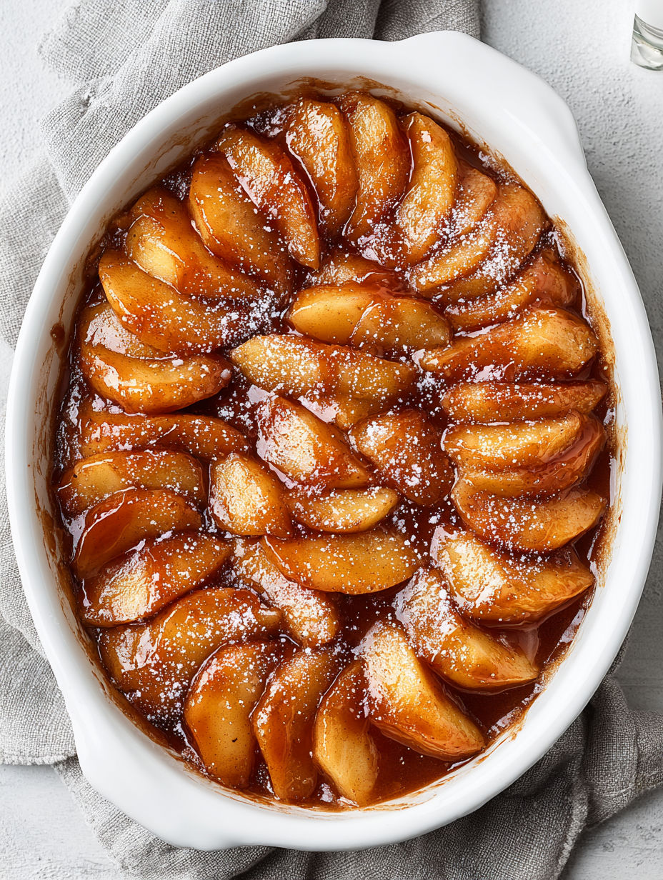A bowl of baked apple slices with cinnamon.