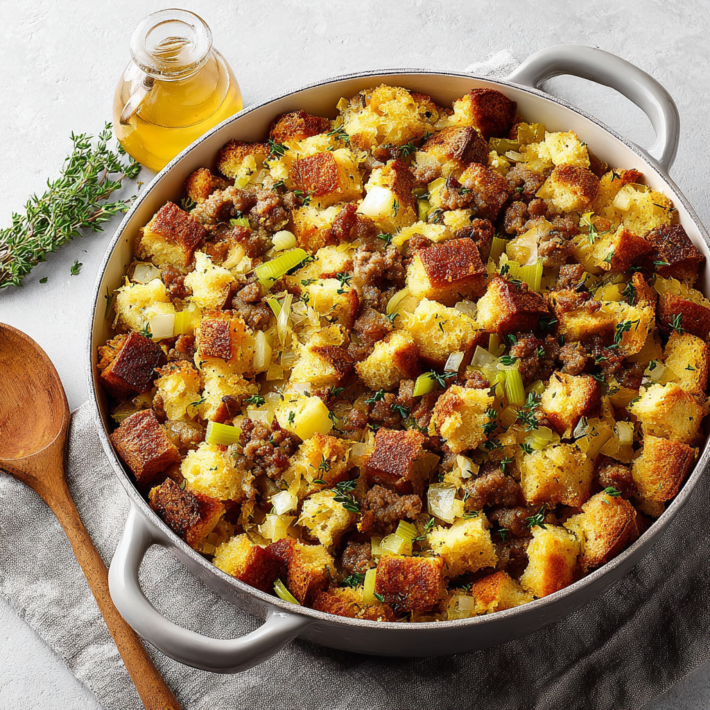 A large pot of sausage stuffing.