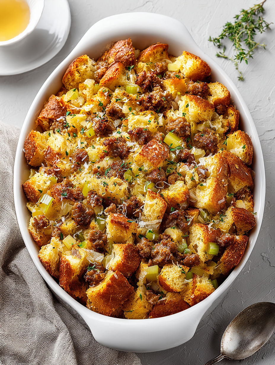 A white bowl filled with sausage stuffing.