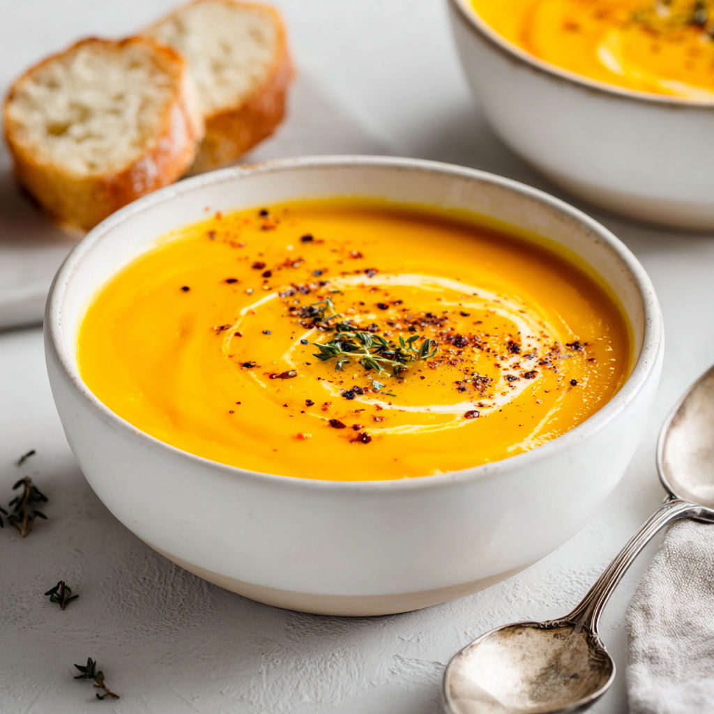 A bowl of soup with a spoon in it.