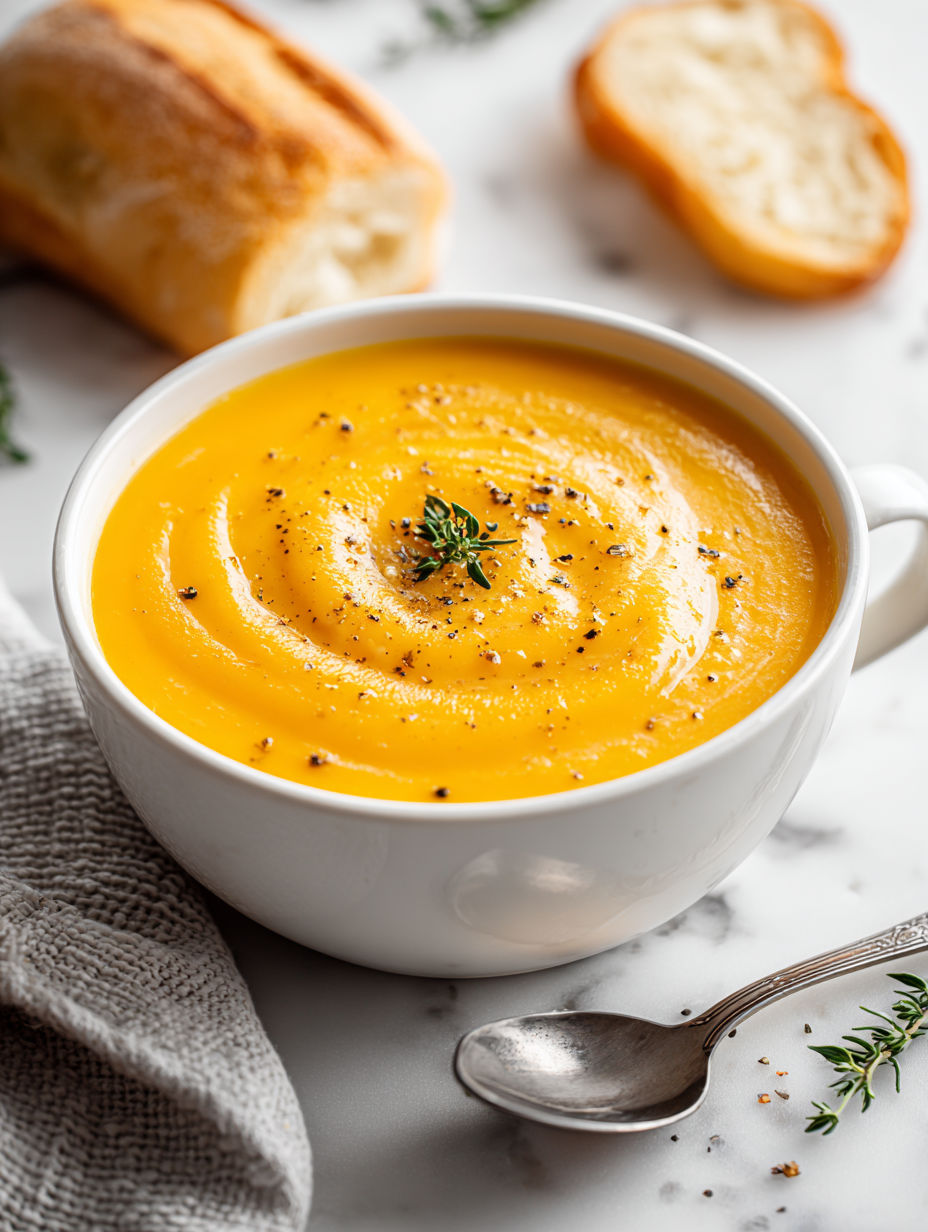 A cup of butternut squash soup with a spoon in it.