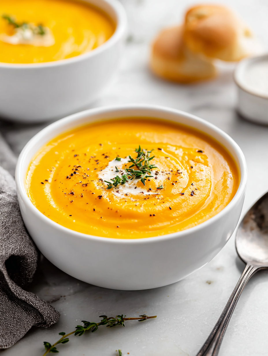 A bowl of butternut squash soup with a spoon in it.