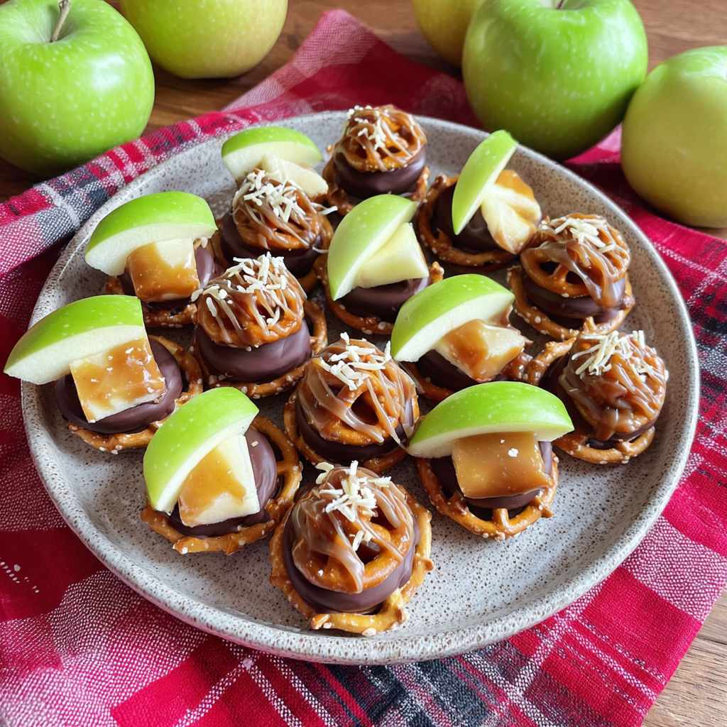 A plate of caramel apple pretzel bites.