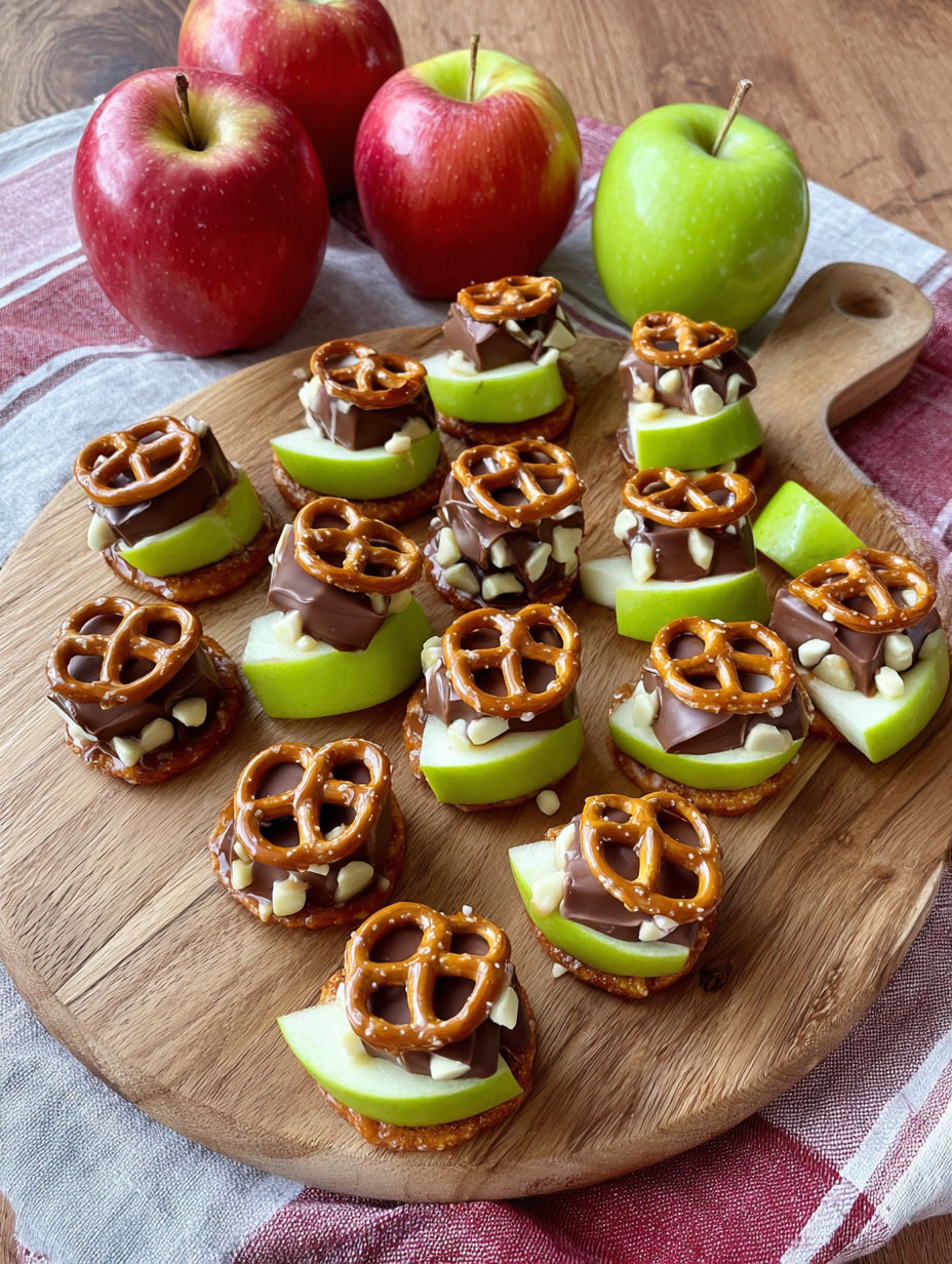 A wooden platter with a variety of caramel apple pretzel bites.