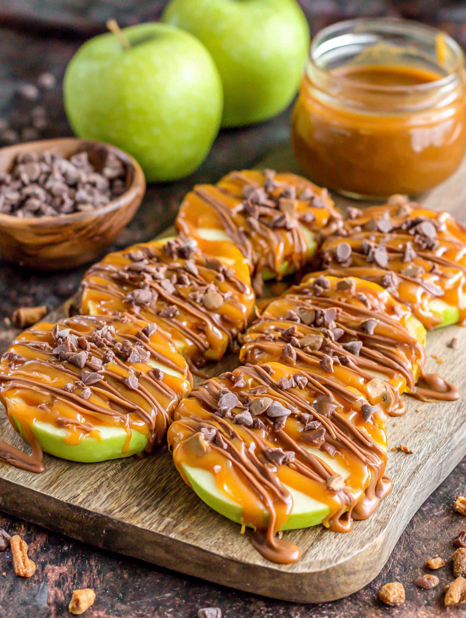 Caramel apple slices on a wooden board.