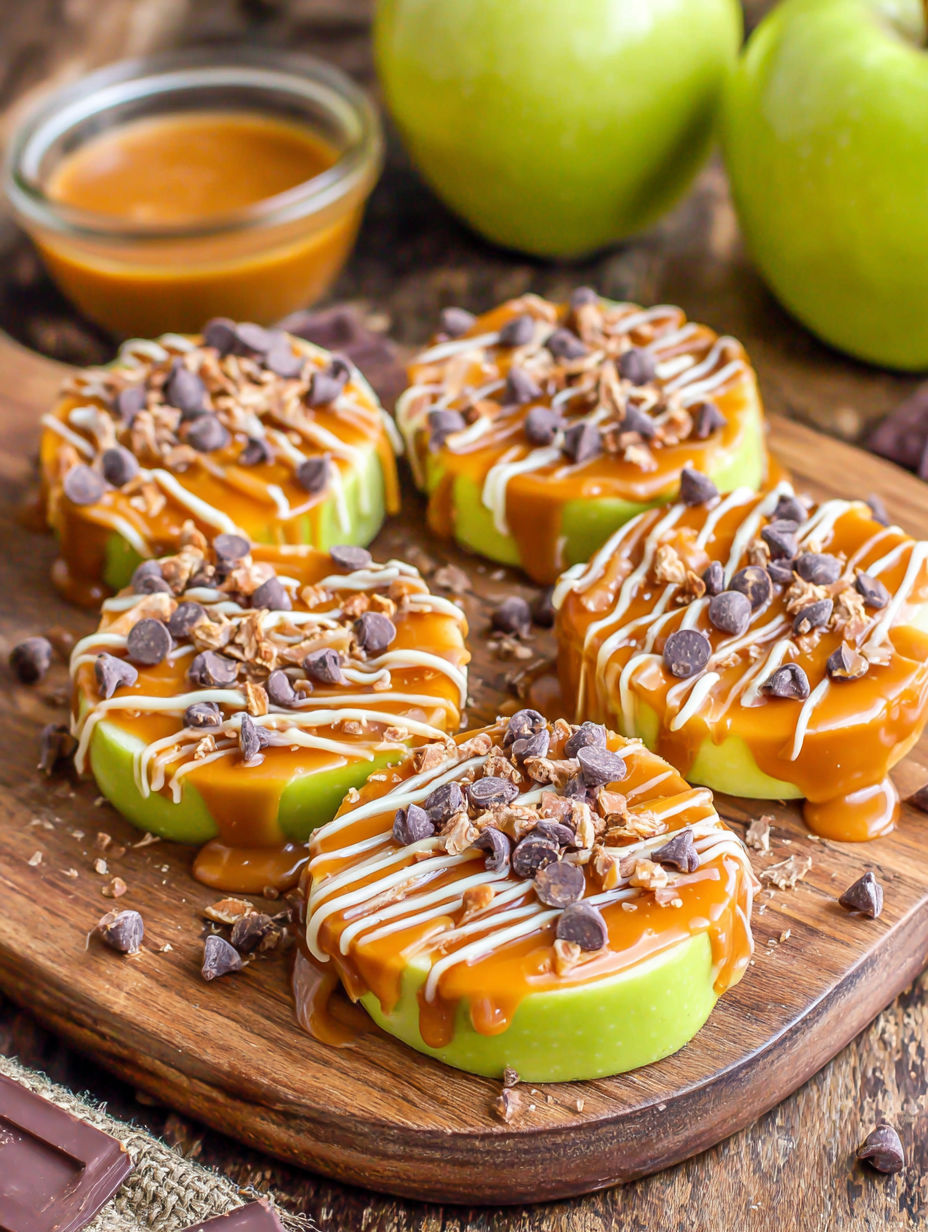 Caramel apple slices on a wooden board.