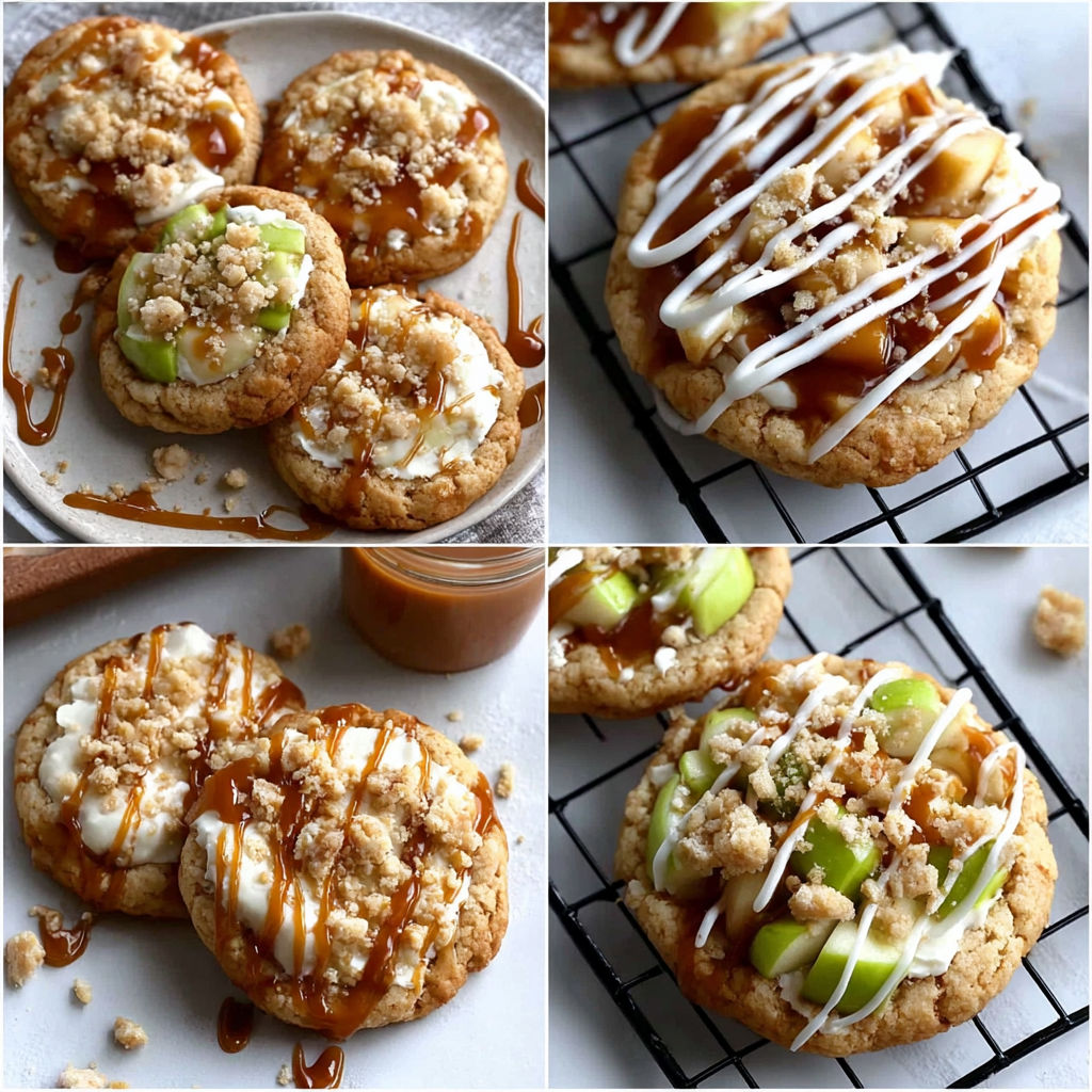 A collage of four images of cookies with caramel and whipped cream toppings.